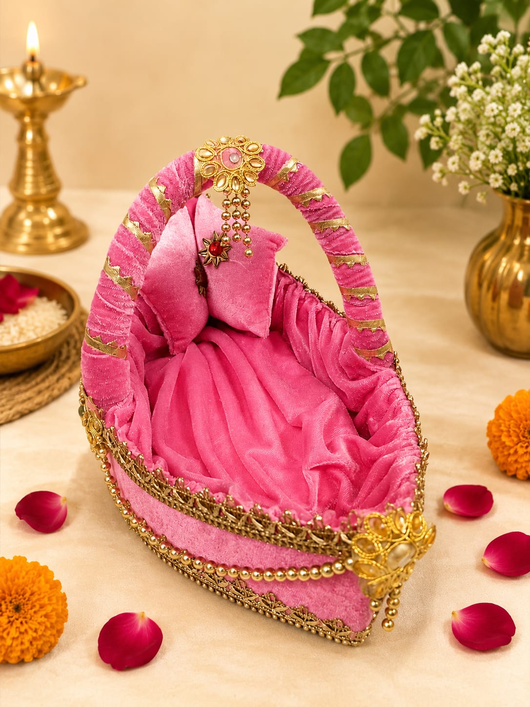 Handmade Pink Velvet Kanha Basket for Janmashtami & Laddu Gopal Decoration